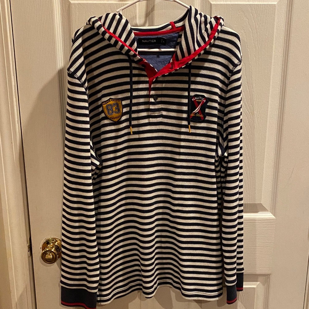 Nautica Navy and White Striped Hoodie with Red Accents
712 - Picture 2 of 8